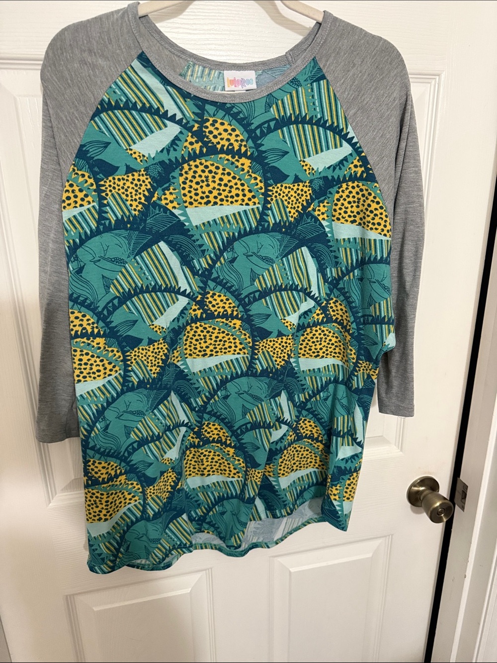LuLaRoe Kids' Teal, Yellow & Gray Raglan Baseball Tee